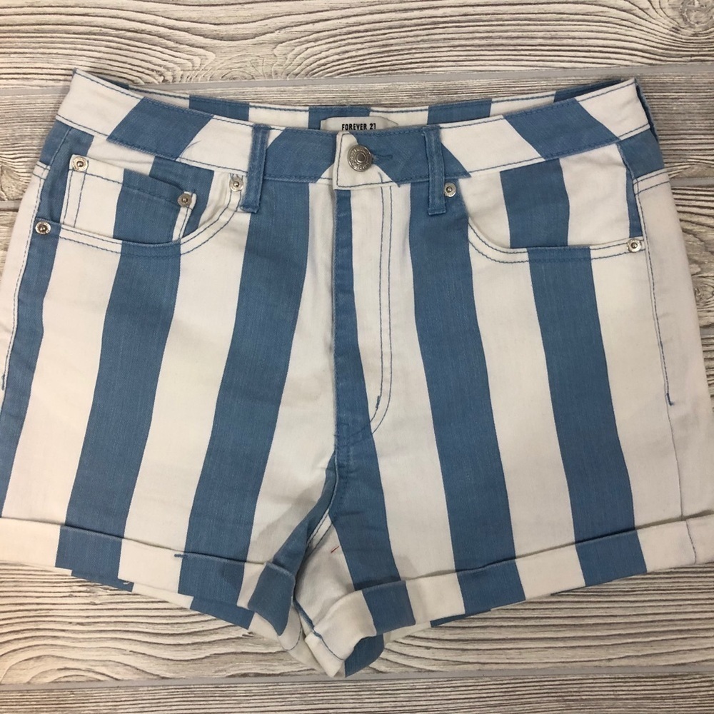 Forever 21 Blue and White Striped High-Rise Jean Shorts